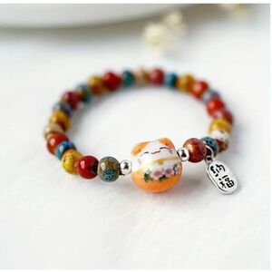 New! Lucky Cat Beaded Ceramic Bracelet in Orange